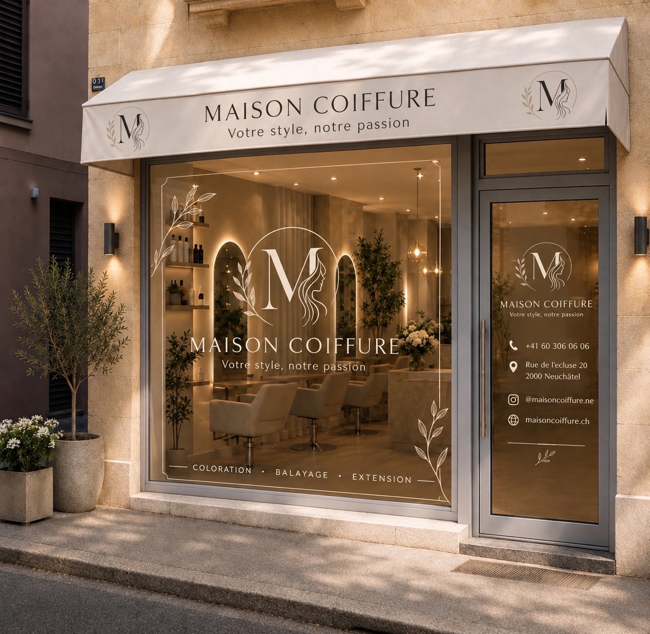 La devanture de Maison Coiffure, rue de l'Écluse à Neuchâtel, le soir